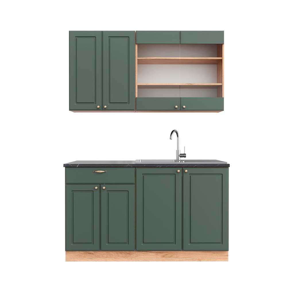 Vicco Kitchen Unit, Kitchen Block, Fitted Kitchen, Fame-Line, Single, Country House, 140 cm, Modern Kitchen Cabinets, Sink Cabinets, Drawers Cabinet Base, Wall Cupboard, Wall Glass Cabinet (Oak, Anthracite, Gold)