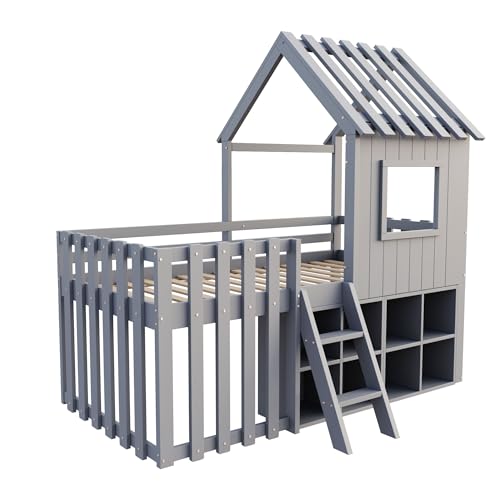 Children's Bed, House Bed 90 x 200 cm, Children's Bed Frame with Roof and Window, with Open Storage Space, with Climbing Ladder, Slatted Frame, Solid Wood Bed, Wooden Bed without Mattress (White)