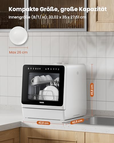 HAVA Dishwasher with Water Softener and Increased Energy Efficiency, Dishwasher with 8 Programmes, Child Lock & Delayed Start, No Installation Required
