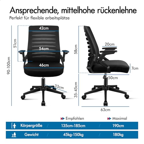ALFORDSON Bürostuhl, Lendenstütze, Atmungsaktives Netz und Stoff, Hochklappbare/Verstellbare Armlehnen, Hochwertiger Schaumstoff, 180kg für Zuhause & Gaming, Wale, Schwarz