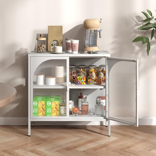 Metal Cabinet with Glass Doors, Sideboard Kitchen Cabinet, Glass Display Cabinet with Adjustable Shelf, Sideboard Cabinet for Kitchen, Dining Room, Living Room, 40 D x 120 W x 84 H cm, Black