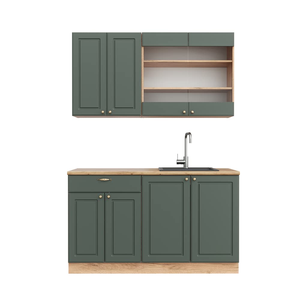 Vicco Kitchen Unit, Kitchen Block, Fitted Kitchen, Fame-Line, Single, Country House, 140 cm, Modern Kitchen Cabinets, Sink Cabinets, Drawers Cabinet Base, Wall Cupboard, Wall Glass Cabinet (Oak, Anthracite, Gold)