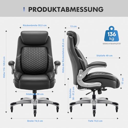 COLAMY Leather Executive Chair - Ergonomic, Extra Wide Seat with Pocket Spring Core, Maximum Load 136 kg, Breathable & Comfortable for Home Office (Black)