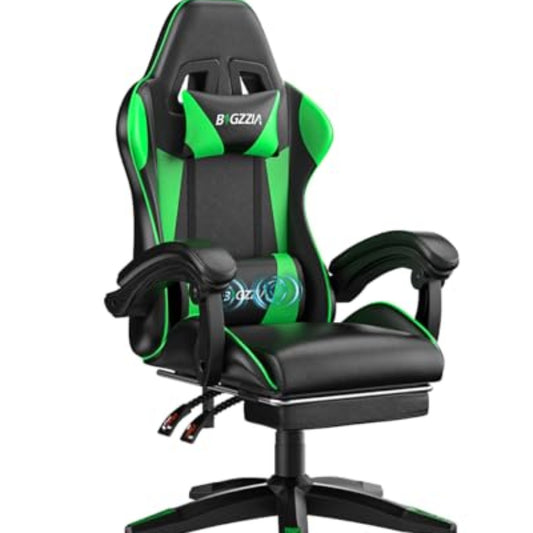 bigzzia Gaming Stuhl mit Massagefunktion und Fußstütze, Ergonomischer Gaming Chair Verstellbare Rückenlehne 90-135°, Gaming Sessel mit Massage-Lendenkissen und Kopfstütze, Gamer Stuhl, Schwarz