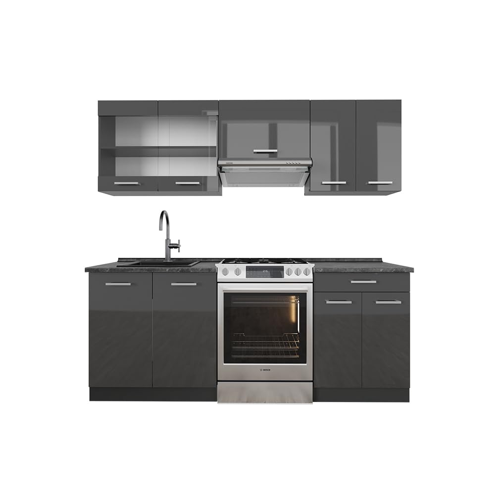 Vicco R-Line Kitchen Unit, White High-Gloss / Anthracite, 200 cm without Worktop