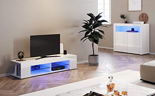 SONNI TV Board White, Handle-less Design, TV Cabinet High Gloss, TV Stand with LED Lighting, 12 Colours Can Be Adjusted, TV Shelf, Lowboard for TVs up to 65 Inches, 130 x 35 x 45 cm