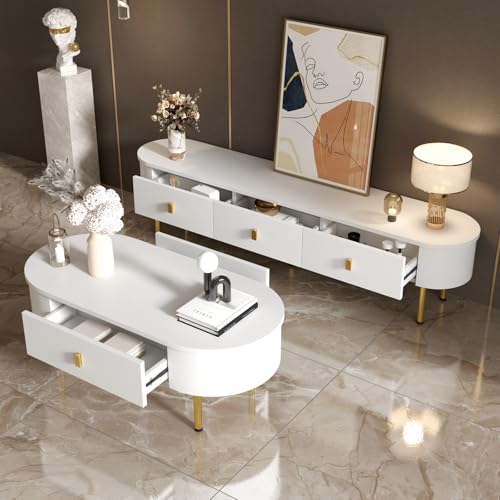 TV Cabinet with 3 Drawers, TV Table with Golden Handles and Legs, Modern TV Stand for TVs up to 75 Inches, Rounded Corners, TV Cabinet for Living Room, 174 x 35 x 41 cm, White