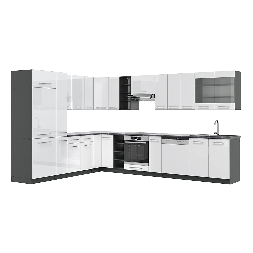 Vicco Fame-Line Corner Kitchen 257 x 347 cm White High Gloss / Anthracite without Worktop