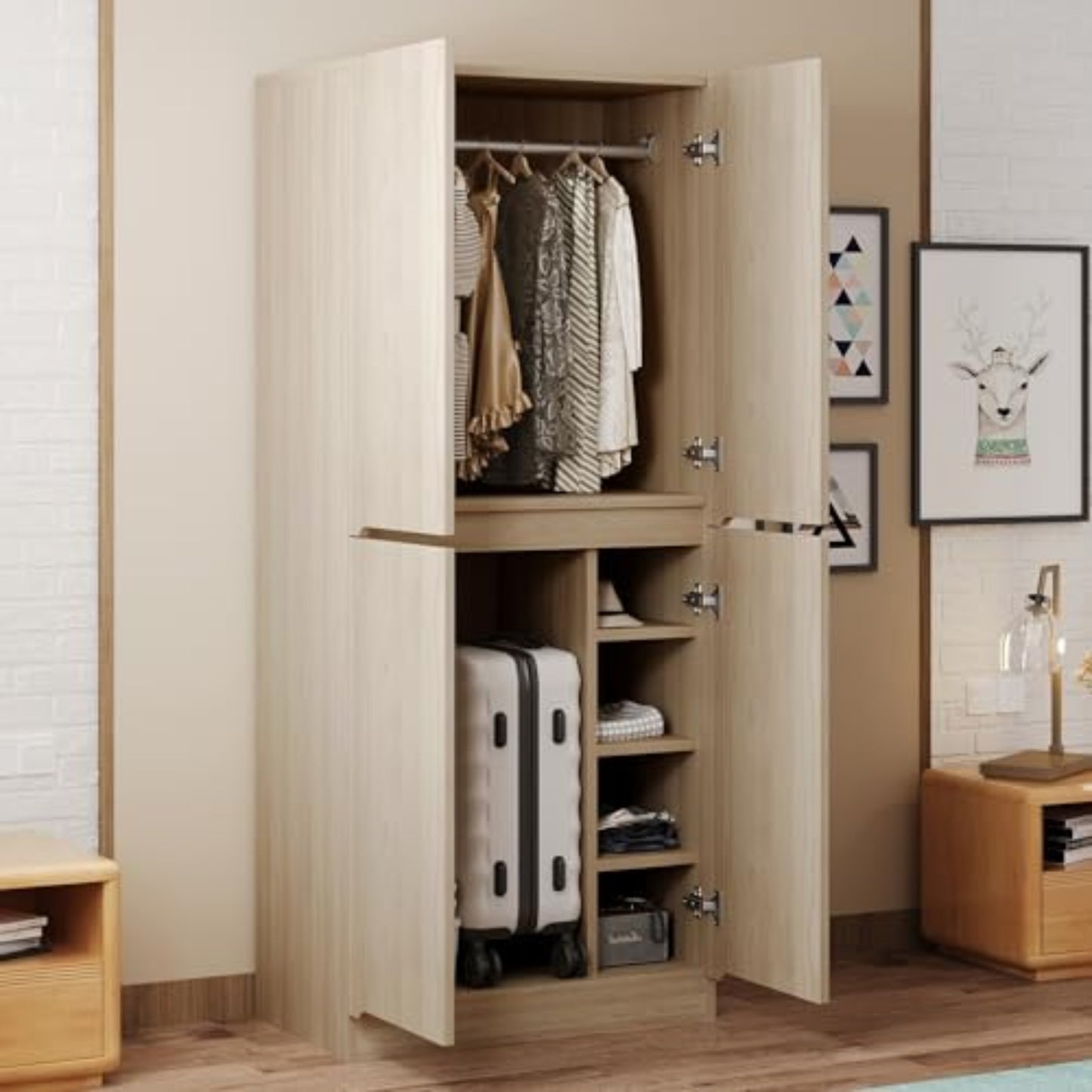 RIAZOS Wardrobe with Storage Cupboard, Double Door Design, with 1 Clothes Rail, 5 Compartments, for Bedroom, Living Room, Children's Room, 70 x 40 x 170 cm, White