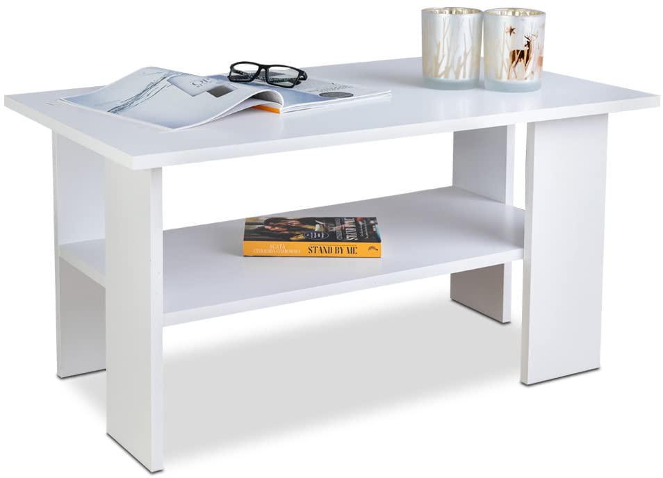 Artisan Coffee Table, Retro Loft Bench, Open Double Shelf, Skate Legs, Ideal for Coffee Get-Togethers, Laminated Top, Large Surface, Guaranteed Stability, White 3