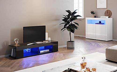 SONNI TV Board White, Handle-less Design, TV Cabinet High Gloss, TV Stand with LED Lighting, 12 Colours Can Be Adjusted, TV Shelf, Lowboard for TVs up to 65 Inches, 130 x 35 x 45 cm