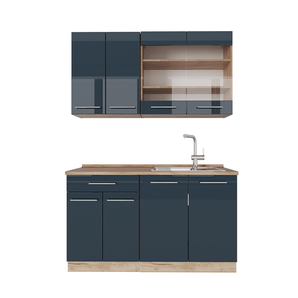 Vicco Kitchen Unit, Kitchen Block, Fitted Kitchen, Fame-Line, Single, Country House, 140 cm, Modern Kitchen Cabinets, Sink Cabinets, Drawers Cabinet Base, Wall Cupboard, Wall Glass Cabinet (Oak, Anthracite, Gold)