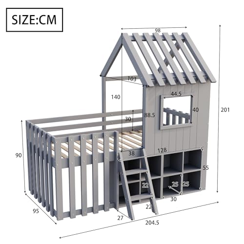 Children's Bed, House Bed 90 x 200 cm, Children's Bed Frame with Roof and Window, with Open Storage Space, with Climbing Ladder, Slatted Frame, Solid Wood Bed, Wooden Bed without Mattress (White)