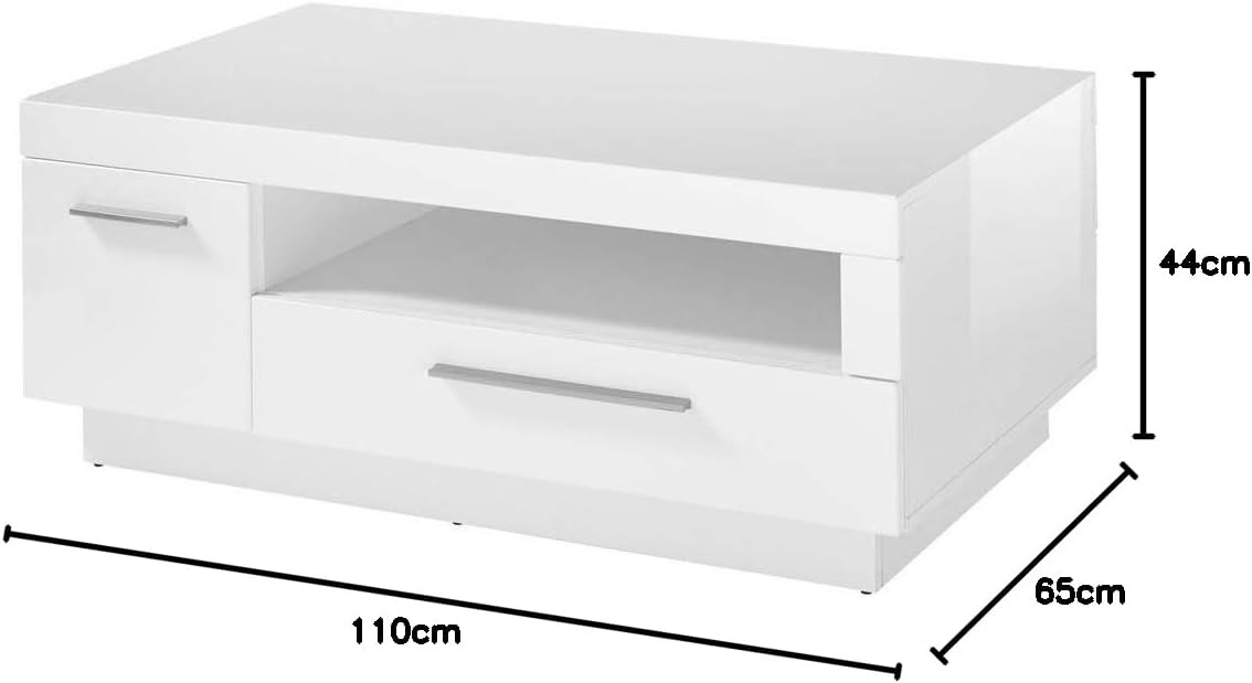 Lomadox Coffee Table High-Gloss White 1 Door 1 Drawer Storage Compartment W x H x D 110 x 44 x 65 cm
