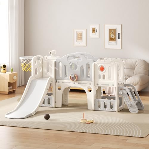 Rutsche mit Klettergerüst für Kinder: Indoor Spielplatz mit - Aufbewahrungsbox Tunnel Treppenleiter Basketballkorb und Durchgangsbereich Gartenrutsche (Star Set-G-Brown)