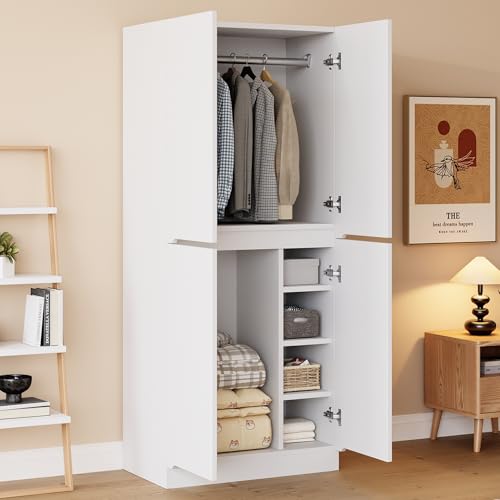 RIAZOS Wardrobe with Storage Cupboard, Double Door Design, with 1 Clothes Rail, 5 Compartments, for Bedroom, Living Room, Children's Room, 70 x 40 x 170 cm, White