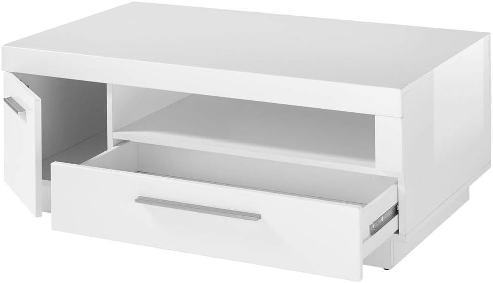 Lomadox Coffee Table High-Gloss White 1 Door 1 Drawer Storage Compartment W x H x D 110 x 44 x 65 cm