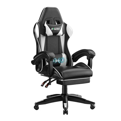 bigzzia Gaming Stuhl mit Massagefunktion und Fußstütze, Ergonomischer Gaming Chair Verstellbare Rückenlehne 90-135°, Gaming Sessel mit Massage-Lendenkissen und Kopfstütze, Gamer Stuhl, Schwarz