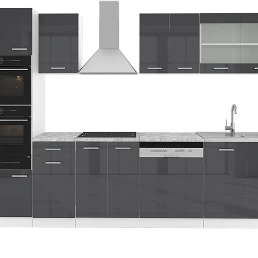 Vicco R-Line Kitchen Unit, High-Gloss Anthracite/White, 300 cm with Tall Cabinet, without Worktop