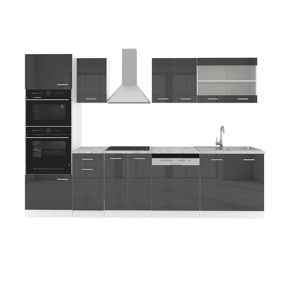 Vicco R-Line Kitchen Unit, High-Gloss Anthracite/White, 300 cm with Tall Cabinet, without Worktop