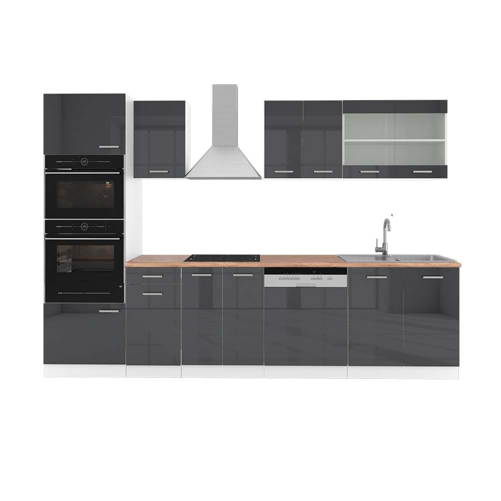 Vicco R-Line Kitchen Unit, High-Gloss Anthracite/White, 300 cm with Tall Cabinet, without Worktop
