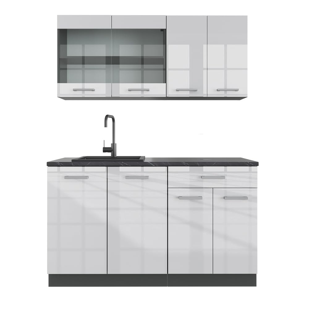 Vicco Single Kitchen R-Line, White High Gloss / Anthracite, 140 cm without Worktop
