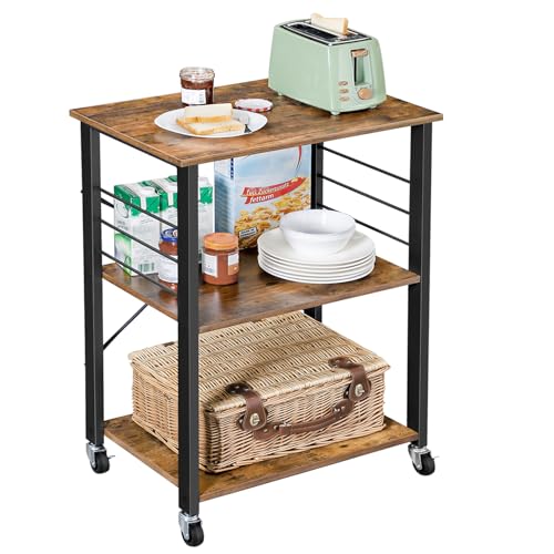VASAGLE KKS60XV1 Kitchen Rack on Wheels Serving Trolley 3 Tier Kitchen Trolley Mini Oven Microwave Metal Frame 6 Hooks 40 x 60 x 89 cm Vintage Brown Ink Black