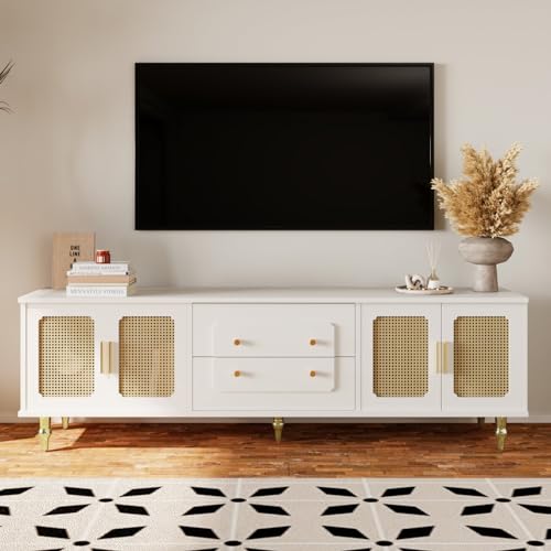 TV Cabinet with 3 Drawers, TV Table with Golden Handles and Legs, Modern TV Stand for TVs up to 75 Inches, Rounded Corners, TV Cabinet for Living Room, 174 x 35 x 41 cm, White