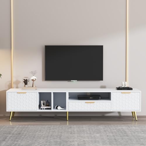 TV Cabinet with 3 Drawers, TV Table with Golden Handles and Legs, Modern TV Stand for TVs up to 75 Inches, Rounded Corners, TV Cabinet for Living Room, 174 x 35 x 41 cm, White