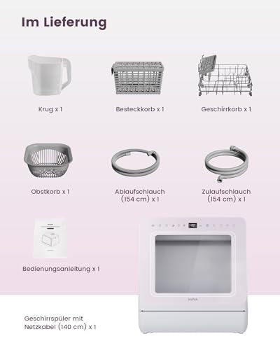 HAVA Dishwasher with Water Softener and Increased Energy Efficiency, Dishwasher with 8 Programmes, Child Lock & Delayed Start, No Installation Required