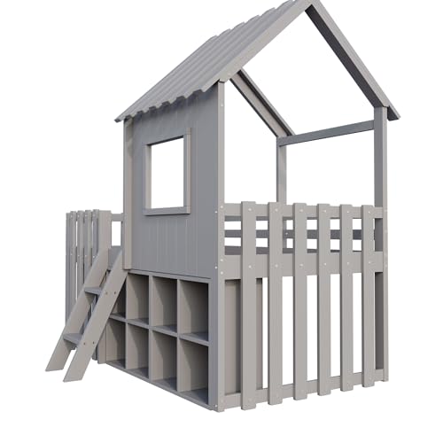 Children's Bed, House Bed 90 x 200 cm, Children's Bed Frame with Roof and Window, with Open Storage Space, with Climbing Ladder, Slatted Frame, Solid Wood Bed, Wooden Bed without Mattress (White)