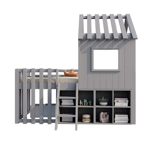 Children's Bed, House Bed 90 x 200 cm, Children's Bed Frame with Roof and Window, with Open Storage Space, with Climbing Ladder, Slatted Frame, Solid Wood Bed, Wooden Bed without Mattress (White)