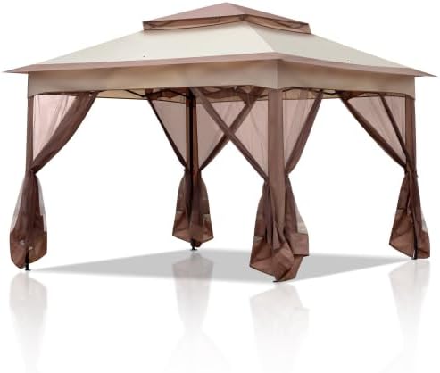 Bonnlo Folding Gazebo 3.3 x 3.3 m with 4 Mosquito Net Side Panels, Stable, UV-Resistant, Waterproof, Ventilated Double Roof, Height Adjustable Gazebo for Garden, Yard, Khaki