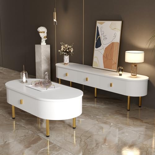 TV Cabinet with 3 Drawers, TV Table with Golden Handles and Legs, Modern TV Stand for TVs up to 75 Inches, Rounded Corners, TV Cabinet for Living Room, 174 x 35 x 41 cm, White