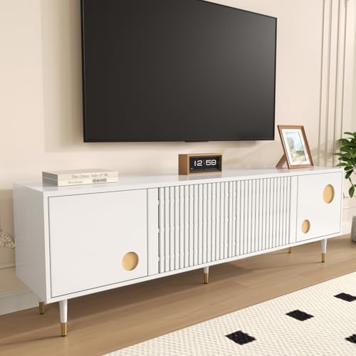 TV Cabinet with 3 Drawers, TV Table with Golden Handles and Legs, Modern TV Stand for TVs up to 75 Inches, Rounded Corners, TV Cabinet for Living Room, 174 x 35 x 41 cm, White