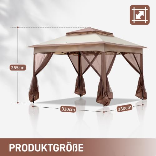 Bonnlo Folding Gazebo 3.3 x 3.3 m with 4 Mosquito Net Side Panels, Stable, UV-Resistant, Waterproof, Ventilated Double Roof, Height Adjustable Gazebo for Garden, Yard, Khaki
