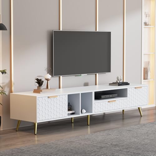 TV Cabinet with 3 Drawers, TV Table with Golden Handles and Legs, Modern TV Stand for TVs up to 75 Inches, Rounded Corners, TV Cabinet for Living Room, 174 x 35 x 41 cm, White