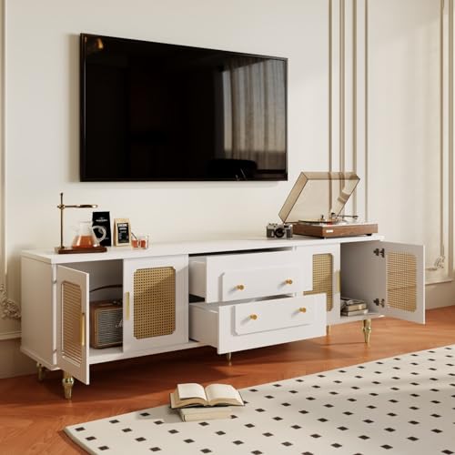 TV Cabinet with 3 Drawers, TV Table with Golden Handles and Legs, Modern TV Stand for TVs up to 75 Inches, Rounded Corners, TV Cabinet for Living Room, 174 x 35 x 41 cm, White