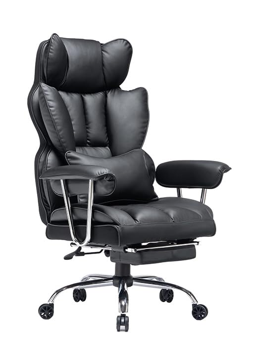 Efomao XXL Office Chair 200 kg with Footrest, Faux Leather Executive Chair with High Backrest, Adjustable Padded Armrests, Lumbar Support for Home or Office, Sturdy Computer Chair, Brown