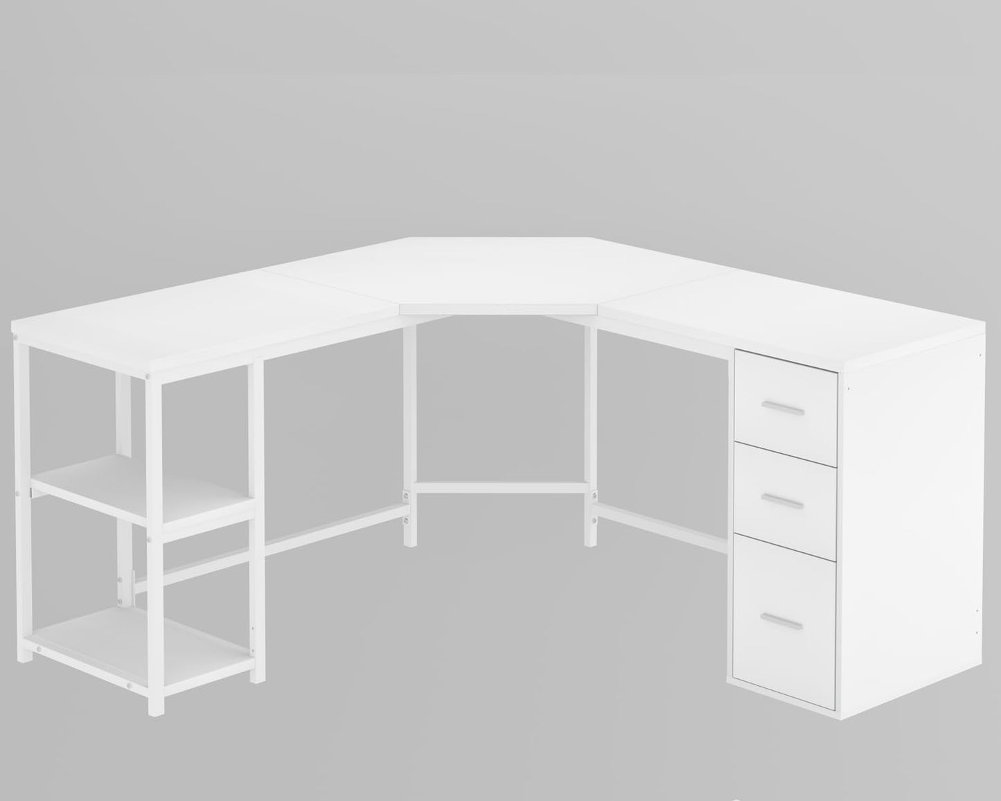 LVB White L Shaped Corner Desk with Drawers, Reversible Modern L Shaped Computer Desk with Storage Cabinets, Large L Shaped Wooden L Shaped Desk Metal L Shape