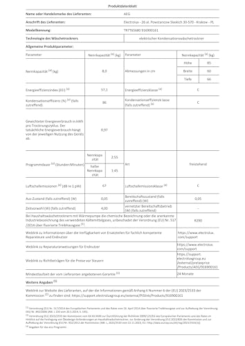 AEG Heat Pump Dryer 8 kg, Series 7000 SensiDry: Gentle & Energy-Saving Drying Process, New Energy Class D, Automatic Volume, Gentle Drum, Changing Direction of Rotation, Wrinkle Protection, TR7T61580