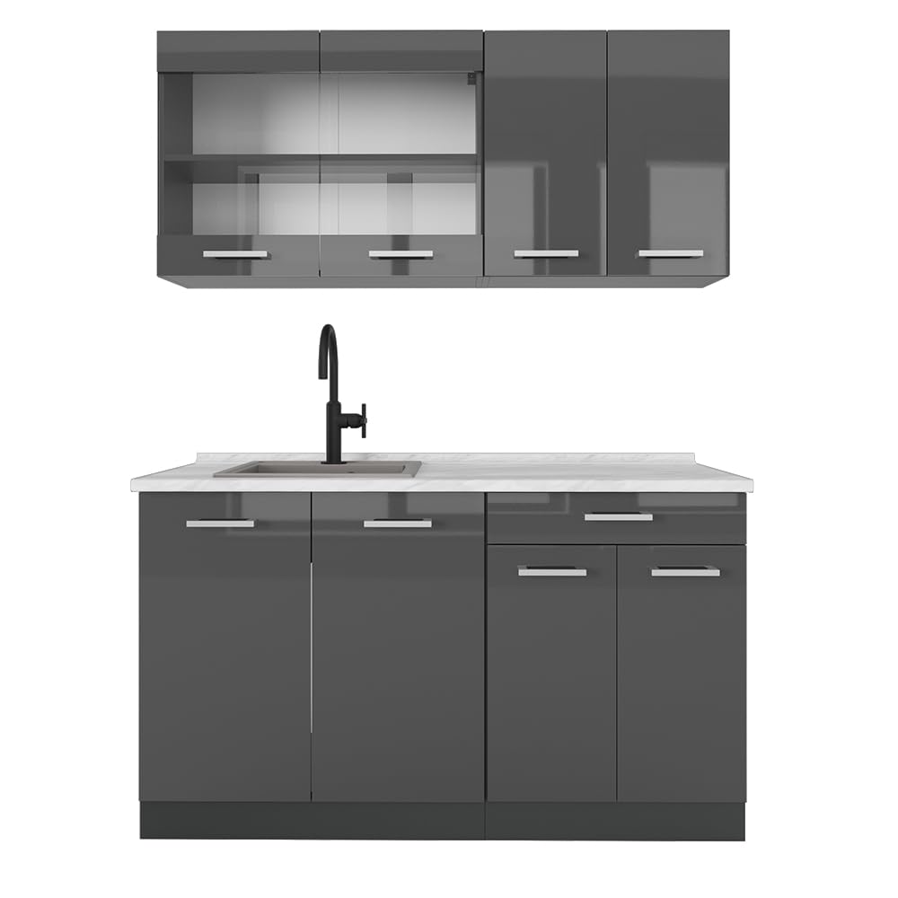 Vicco Single Kitchen R-Line, White High Gloss / Anthracite, 140 cm without Worktop