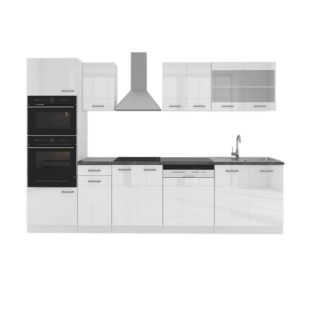 Vicco R-Line Kitchen Unit, High-Gloss Anthracite/White, 300 cm with Tall Cabinet, without Worktop