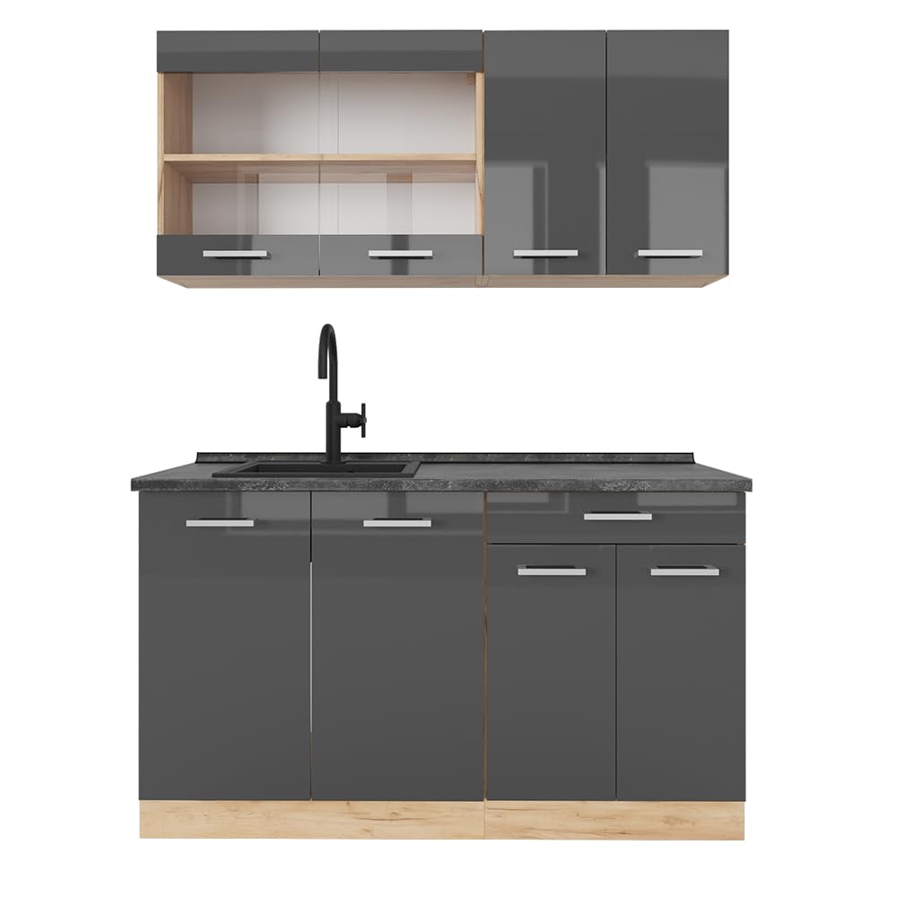 Vicco Single Kitchen R-Line, Black High Gloss / Gold Kraft Oak 140 cm, without Worktop