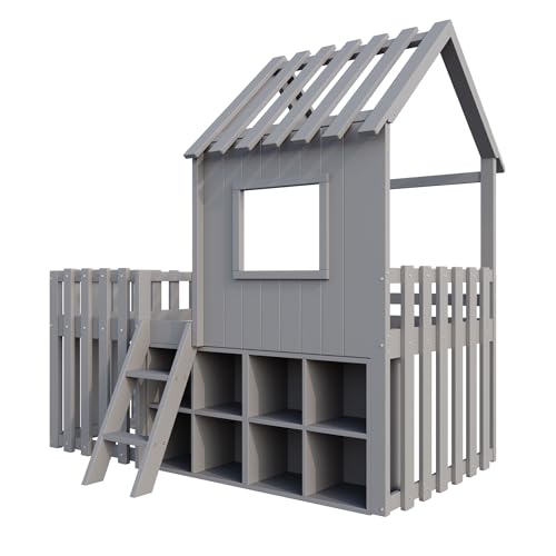 Children's Bed, House Bed 90 x 200 cm, Children's Bed Frame with Roof and Window, with Open Storage Space, with Climbing Ladder, Slatted Frame, Solid Wood Bed, Wooden Bed without Mattress (White)