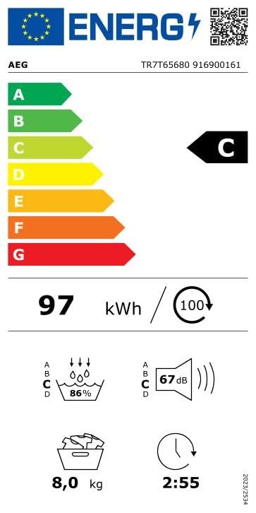 AEG Heat Pump Dryer 8 kg, Series 7000 SensiDry: Gentle & Energy-Saving Drying Process, New Energy Class D, Automatic Volume, Gentle Drum, Changing Direction of Rotation, Wrinkle Protection, TR7T61580