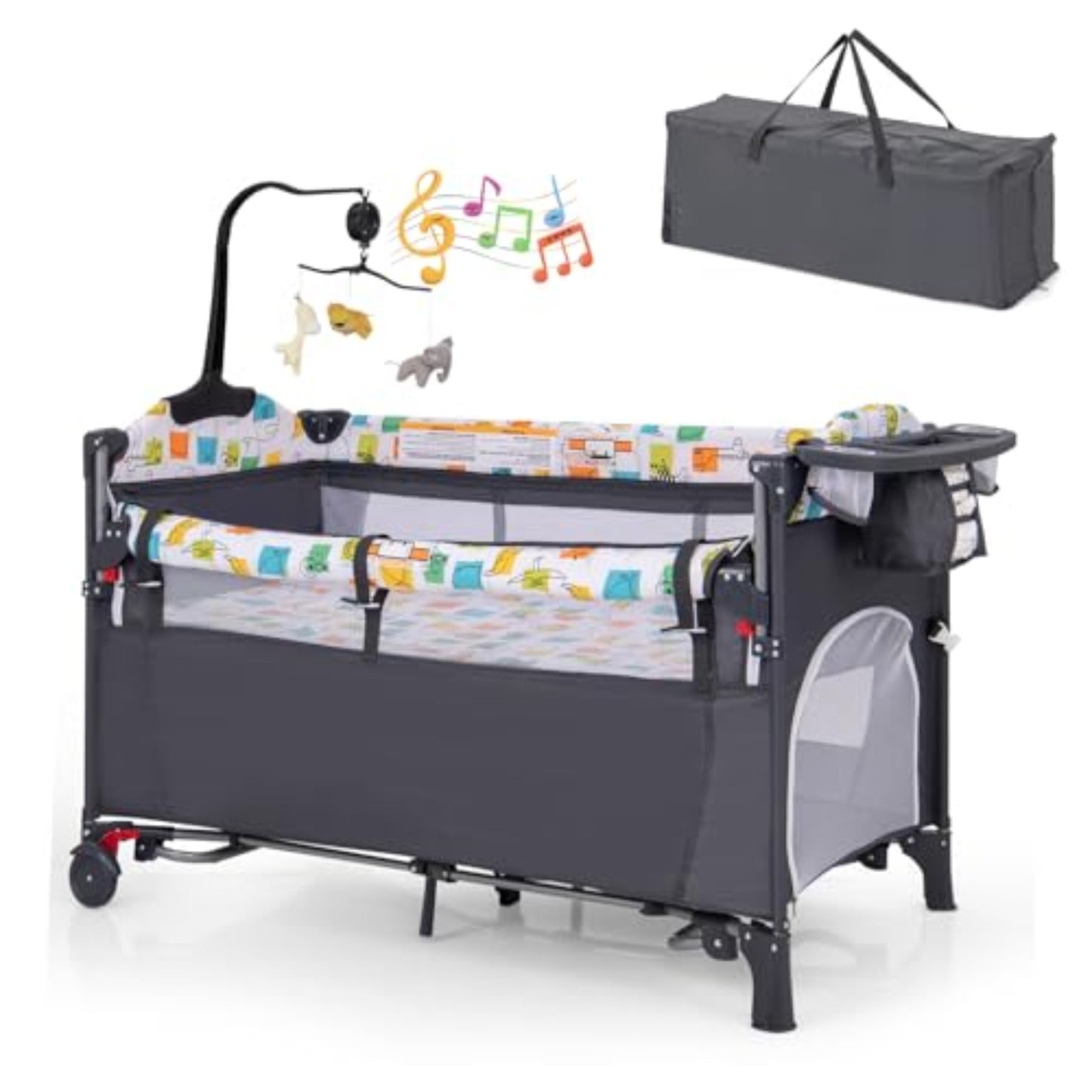 DREAMADE 5-in-1 Baby Travel Cot, 120 x 60 cm, Side Bed with Mattress & Changing Table, Music Box & Toy, Height-Adjustable Baby Bed for Baby from Birth (Dark Grey)
