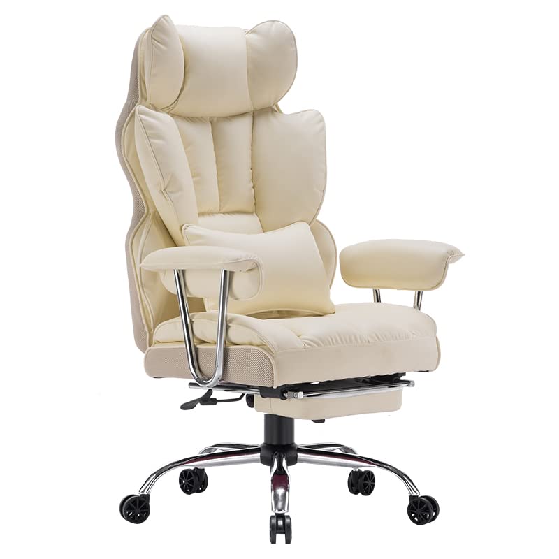 Efomao Ergonomic Office Chair, Polyurethane (PU) Leather Executive Chair, Office Chair 150 kg with Footrest and Lumbar Support, Adjustable Chair with High Backrest, Beige