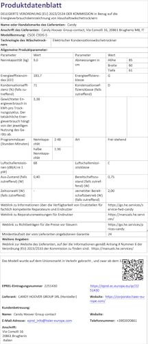 CANDY CSOE C9DG-S Kondesntrockner 9 KG Fassungsvermögen, Wi-Fi + Bluetooth, Symbolblende (9 kg)