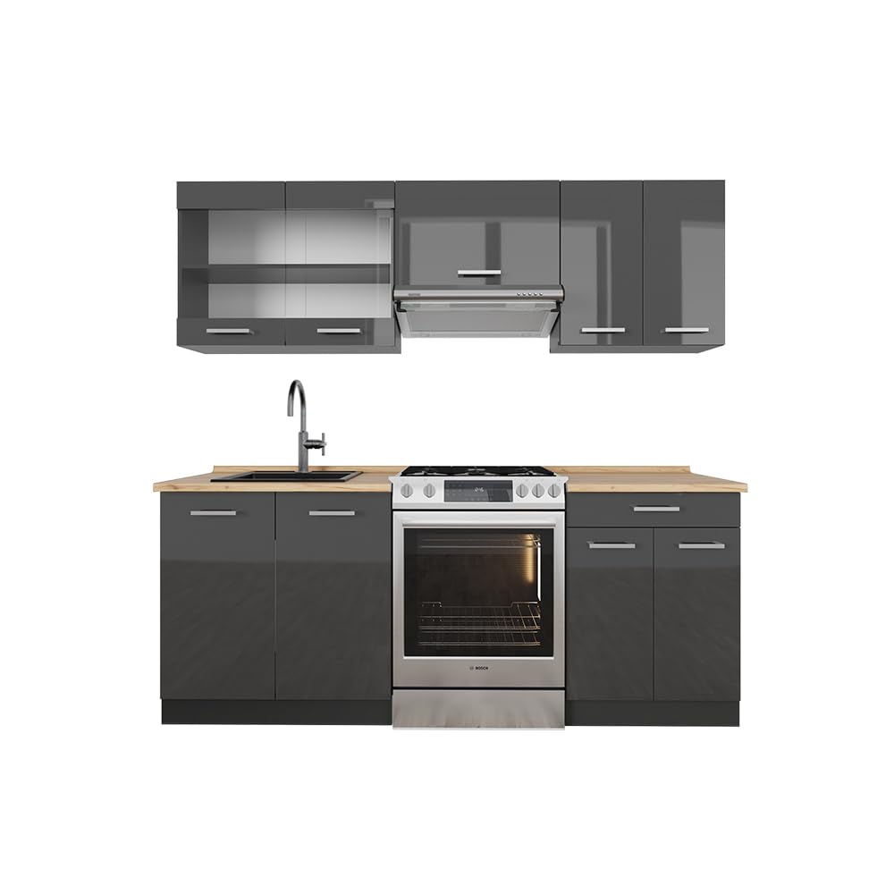 Vicco R-Line Kitchen Unit, White High-Gloss / Anthracite, 200 cm without Worktop